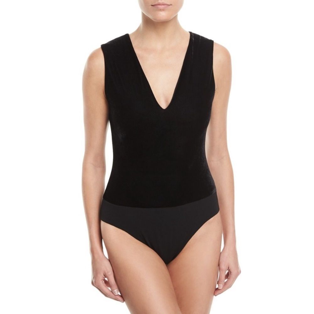 Alice + Olivia Marley V-Neck Sleeveless Velvet Bodysuit in Black Size L